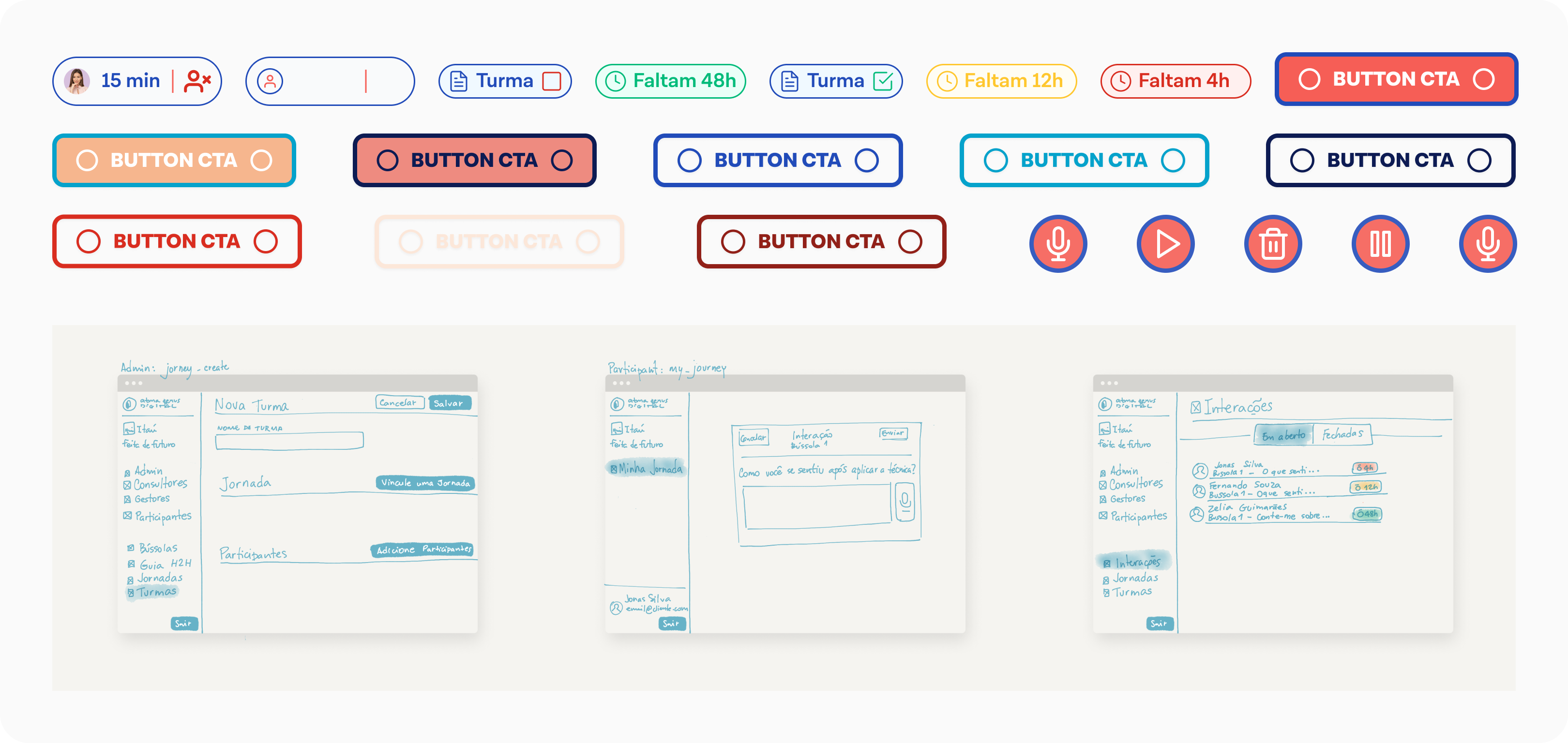 Component kit — buttons, badges, and hand-off sketches