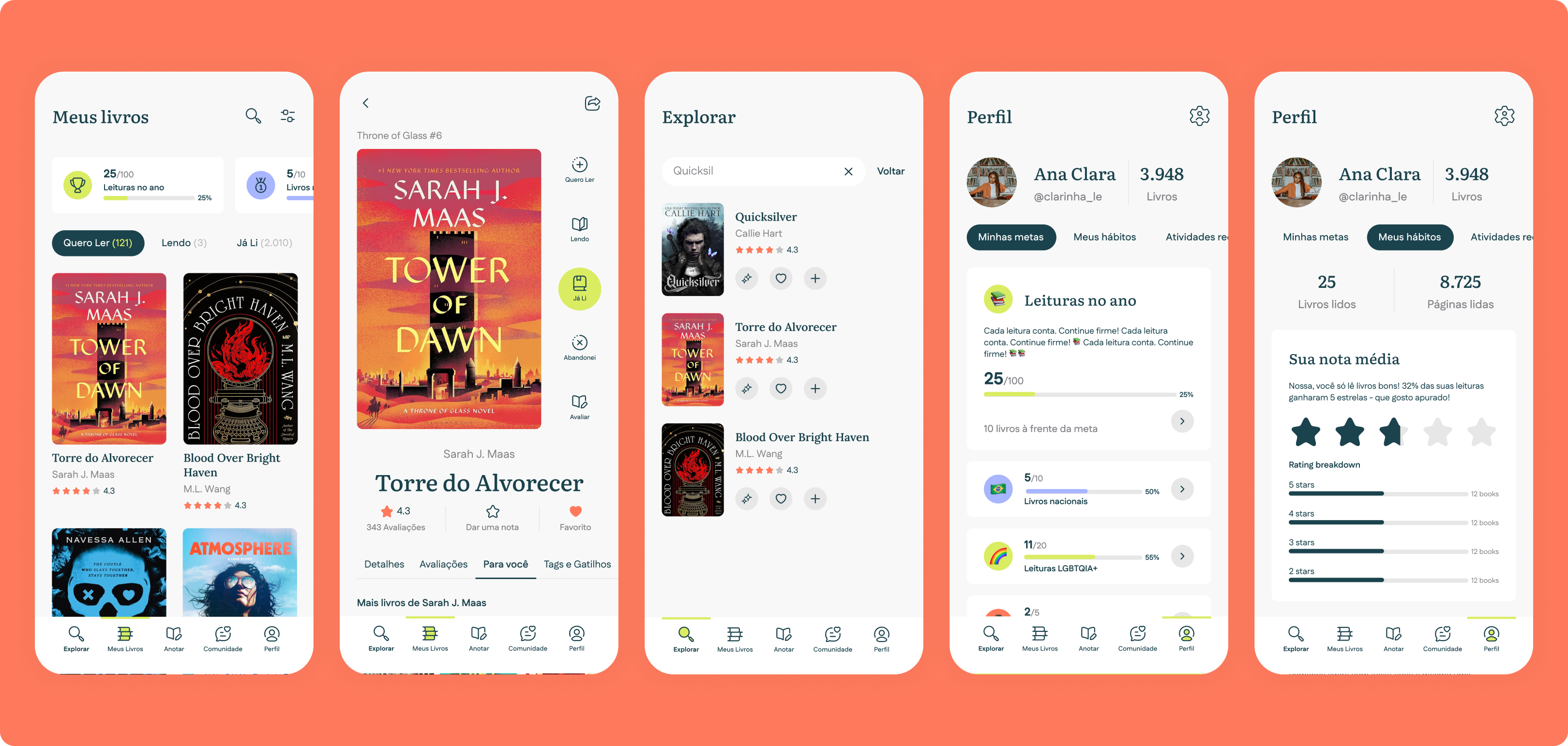 Miolo — Shelf, Journal, Discover, Insights, and Profile screens