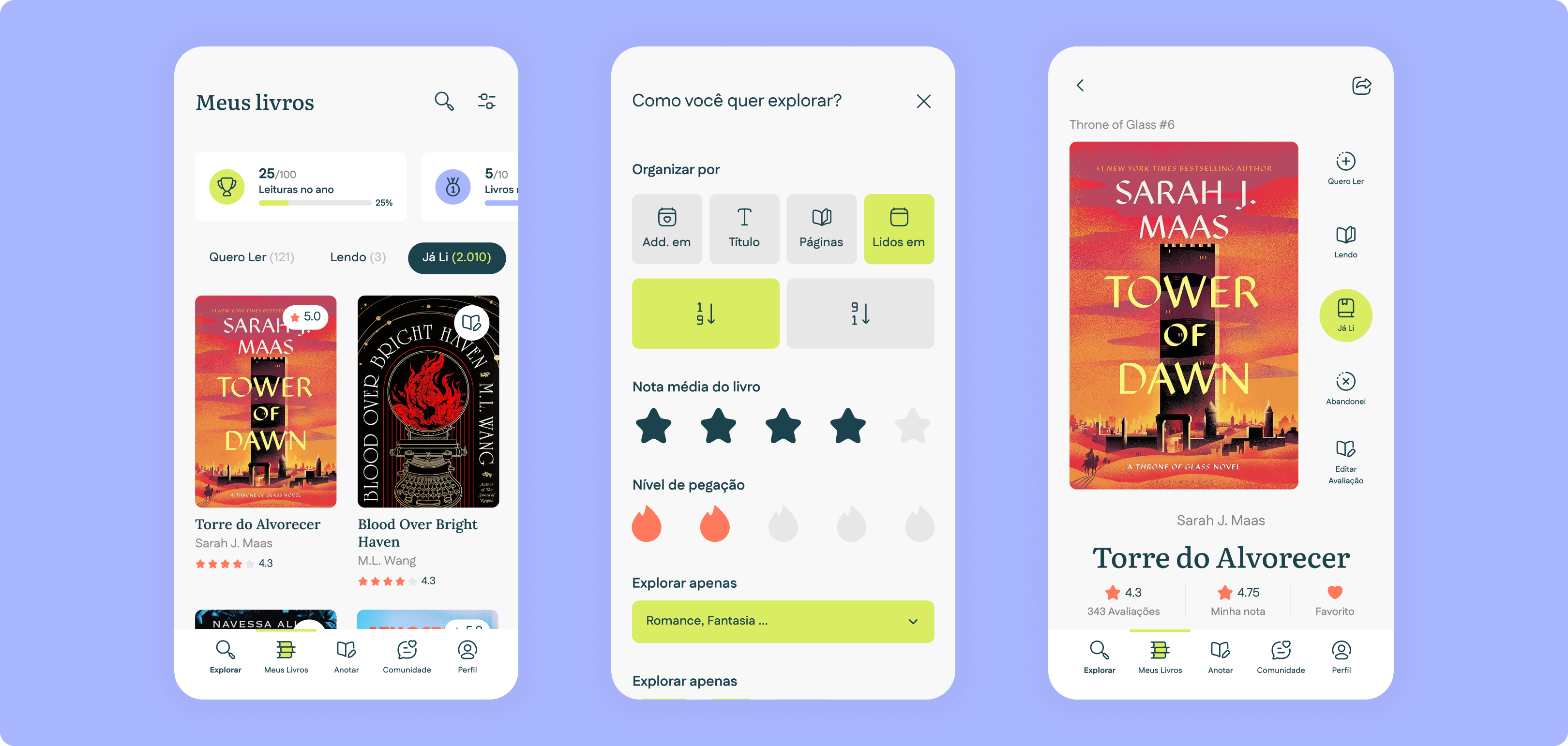 Miolo — shelf, filter, and book detail screens