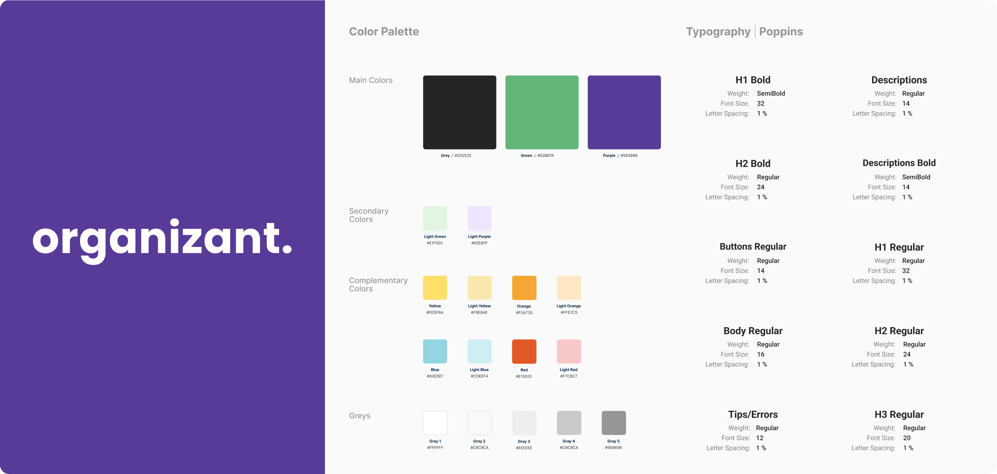 Organizant brand identity — colour palette and typography specimen