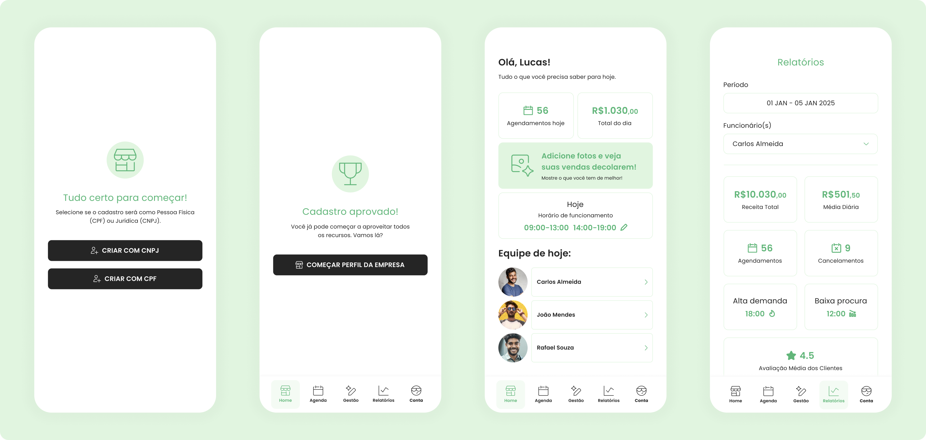 Business onboarding, home dashboard, and reports screens