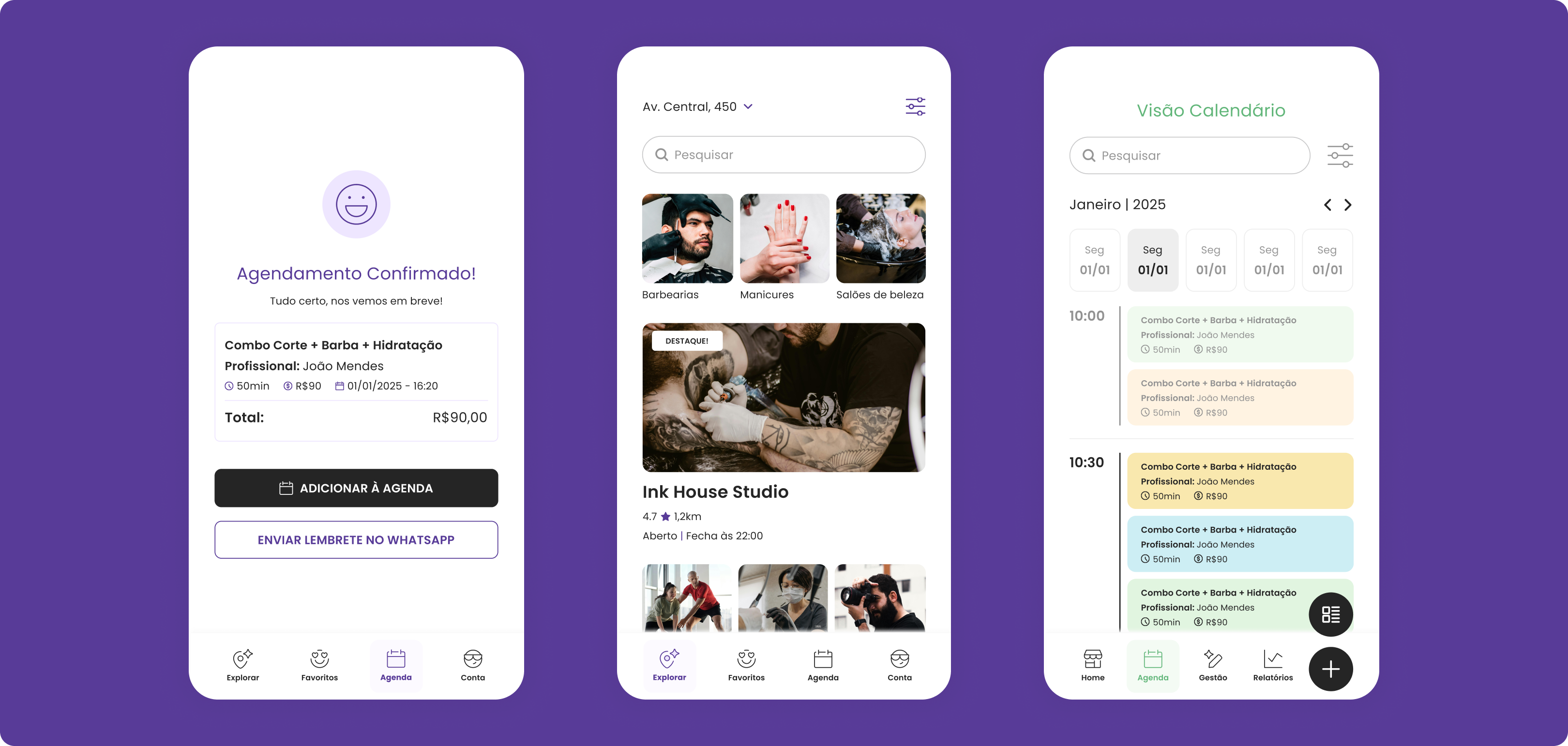 Organizant — booking confirmation, explore, and calendar screens